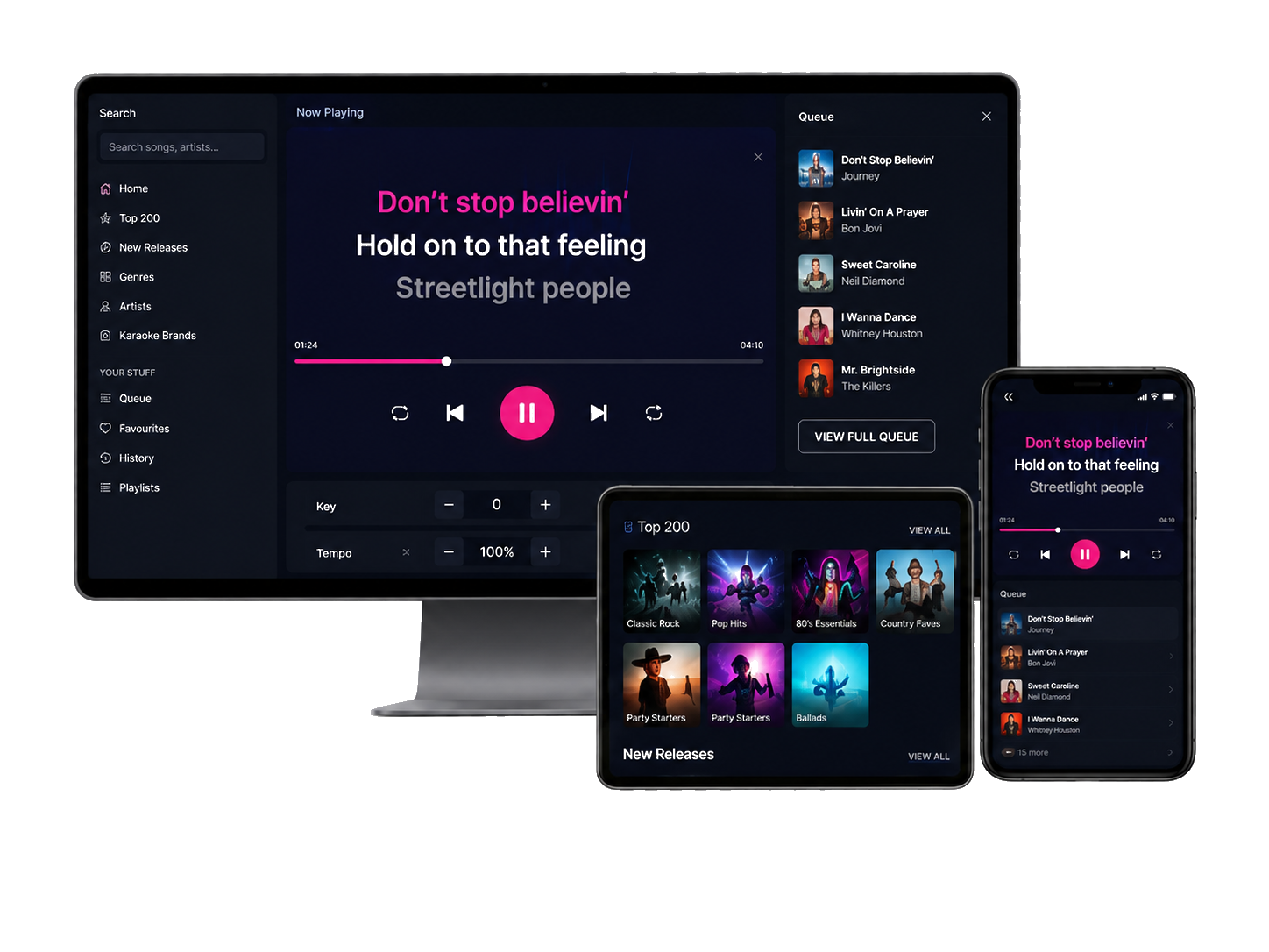 Karaoke Kove player shown across multiple devices